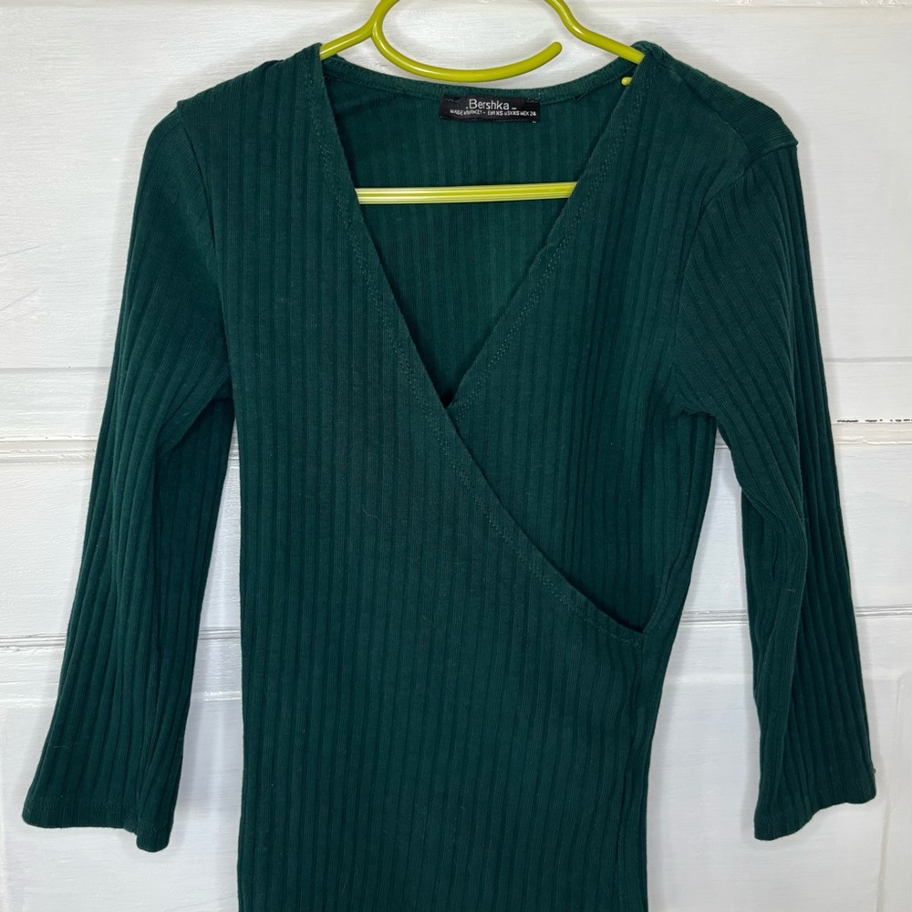 Bershka Forest Green Ribbed Wrap-Front Top
